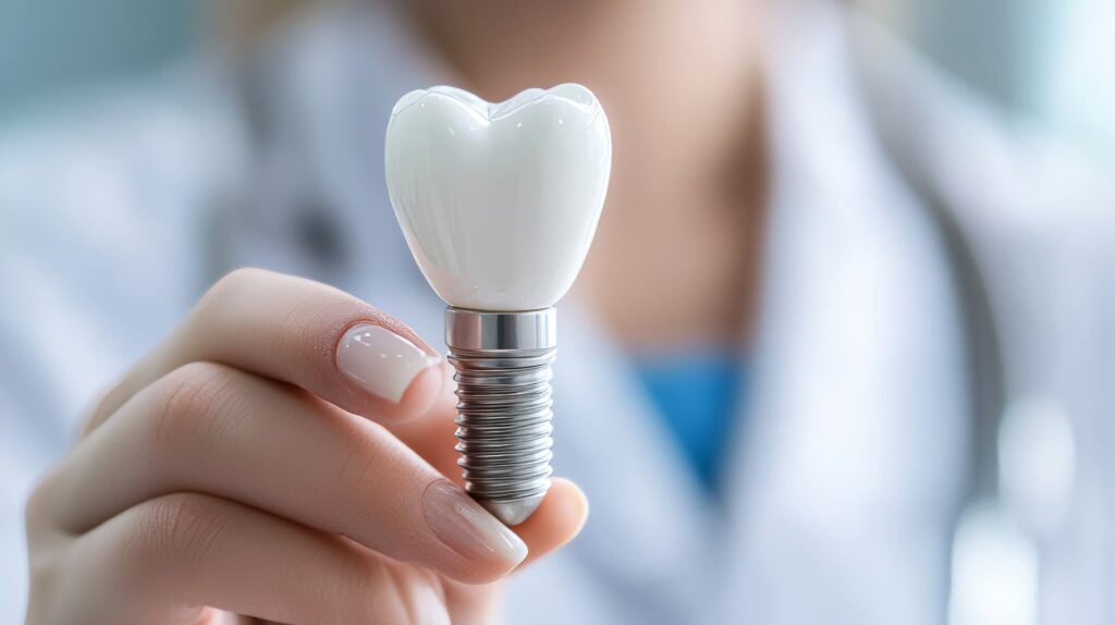 インプラントを見せる歯科医師