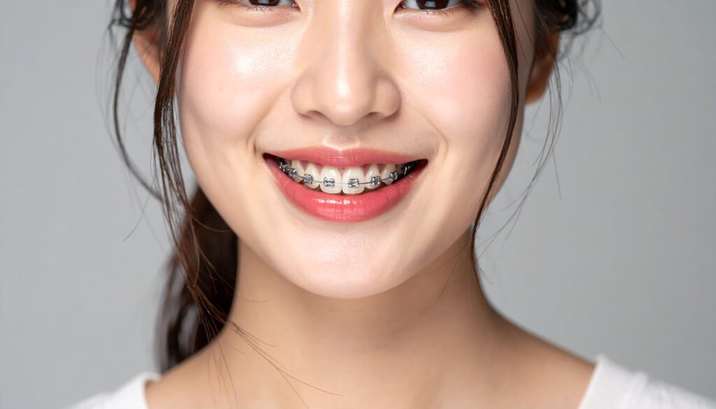 ワイヤー矯正をした女性の口元